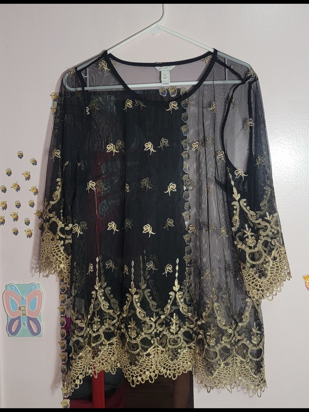 Est. 1946 Gold Embroidered Black Sheer Blouse - Elegant Overlay